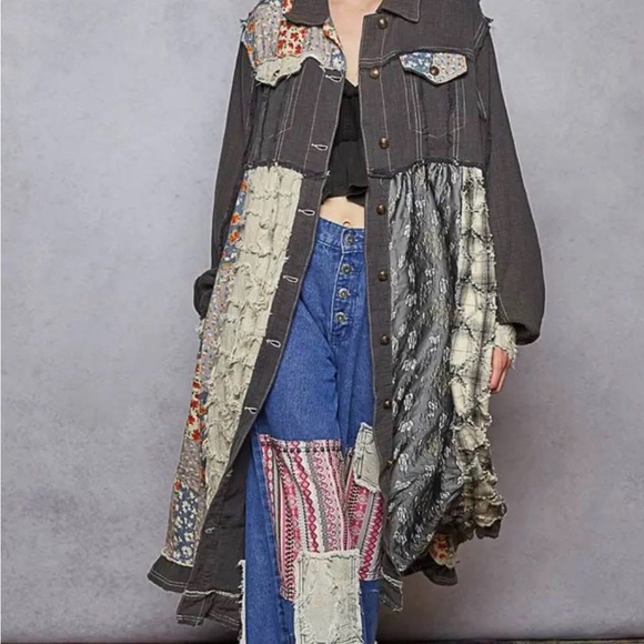 POL Jackets & Blazers - POL Patchwork Jacket in Charcoal and Cream New